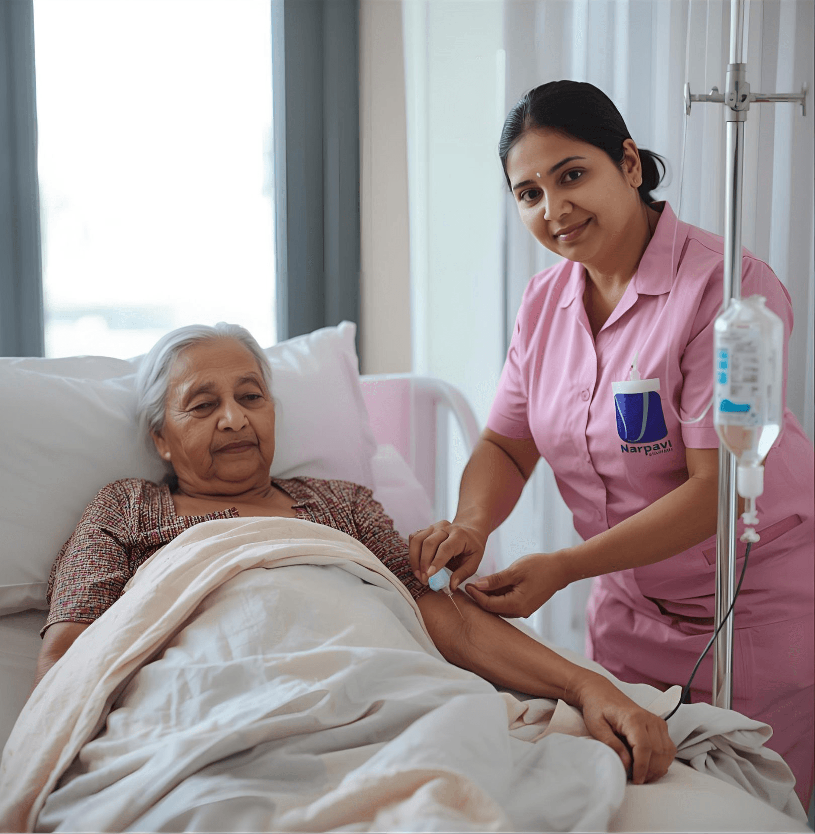 Nurse providing IV support to a patient at home