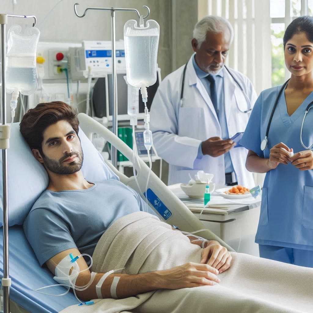 Doctor and nurse supporting a patient receiving IV therapy