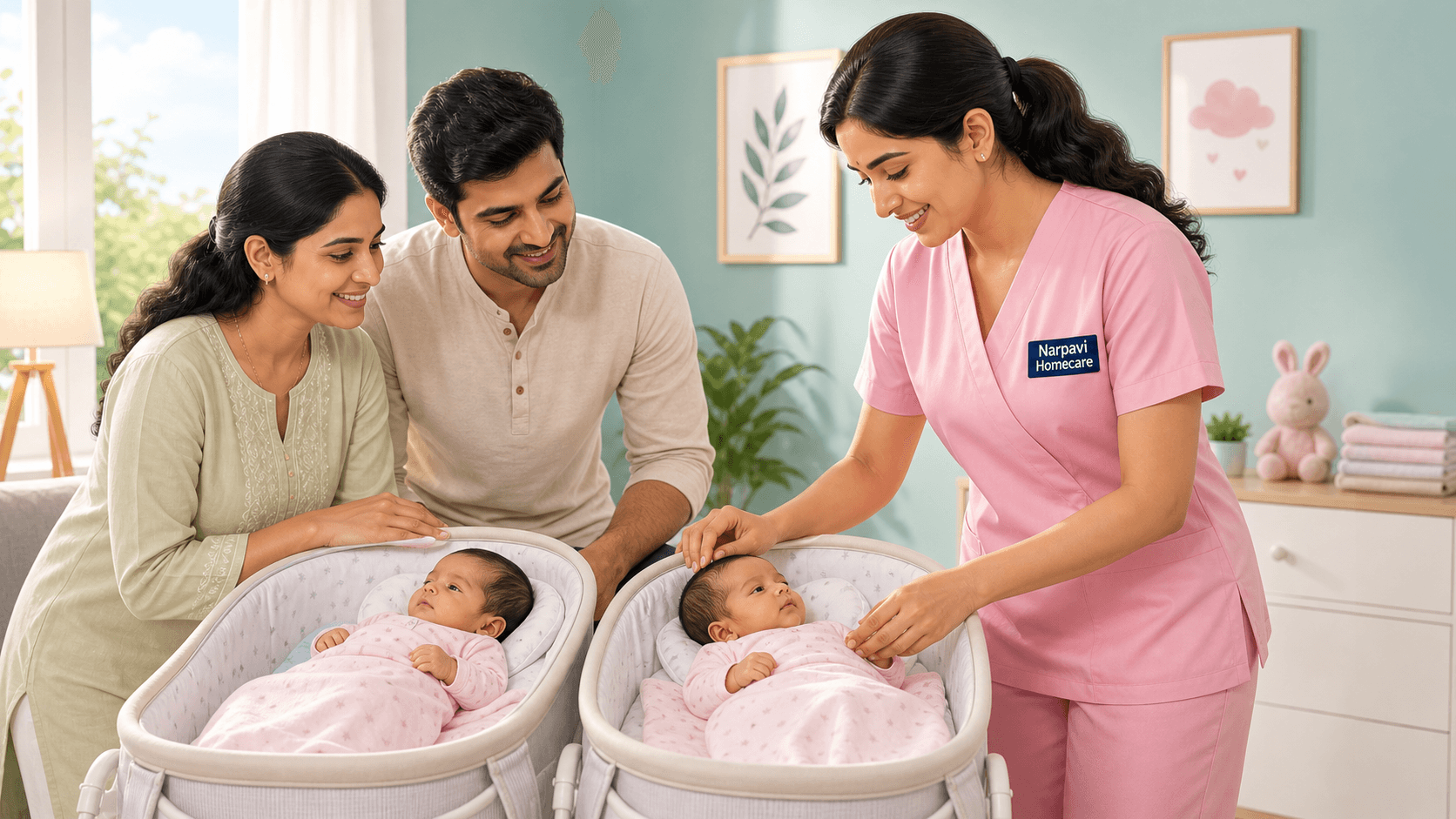 Narpavi caregiver helping parents with twin newborn care at home