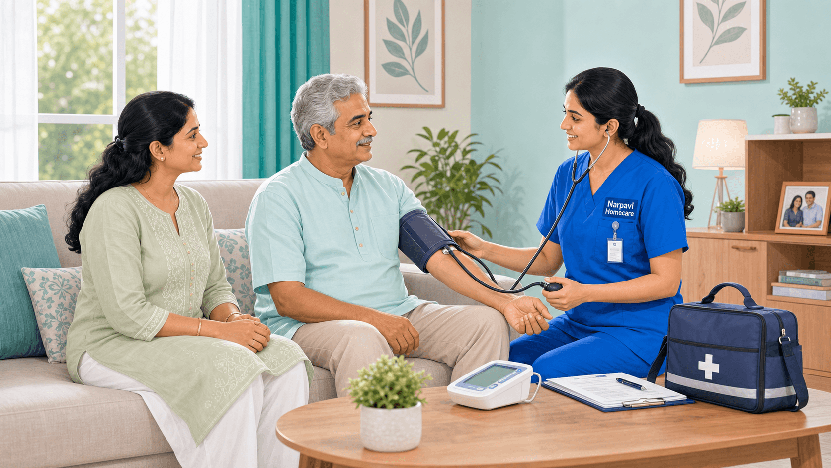 A healthcare professional visiting an elderly patient at home