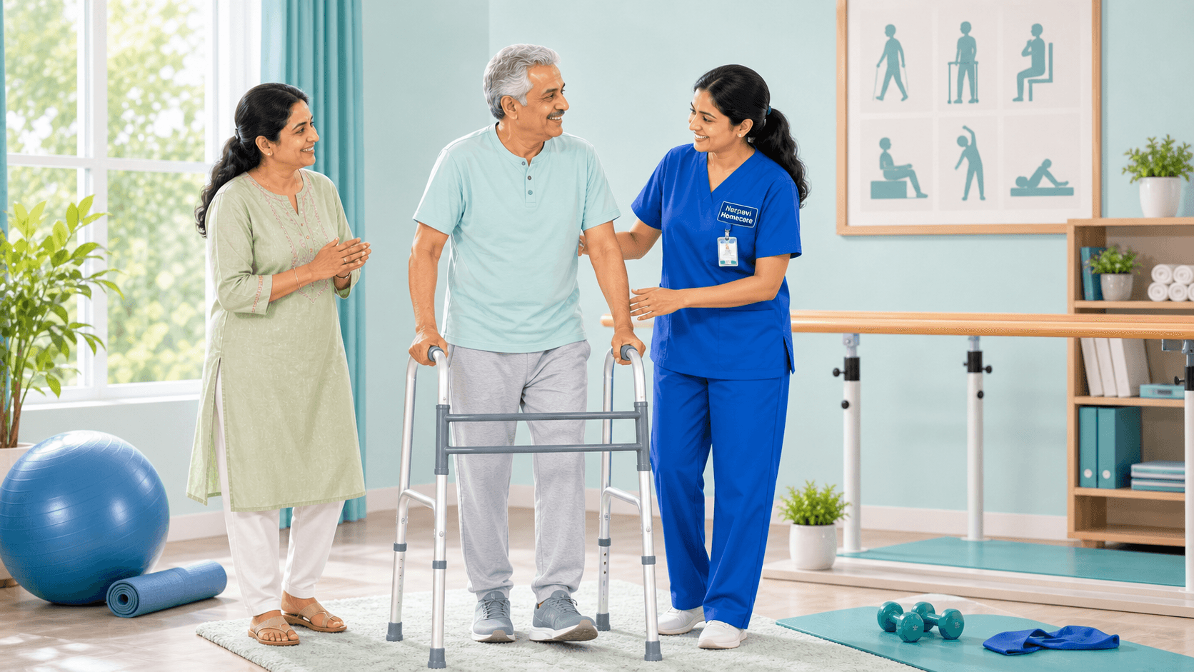 A rehabilitation professional helping a patient at home
