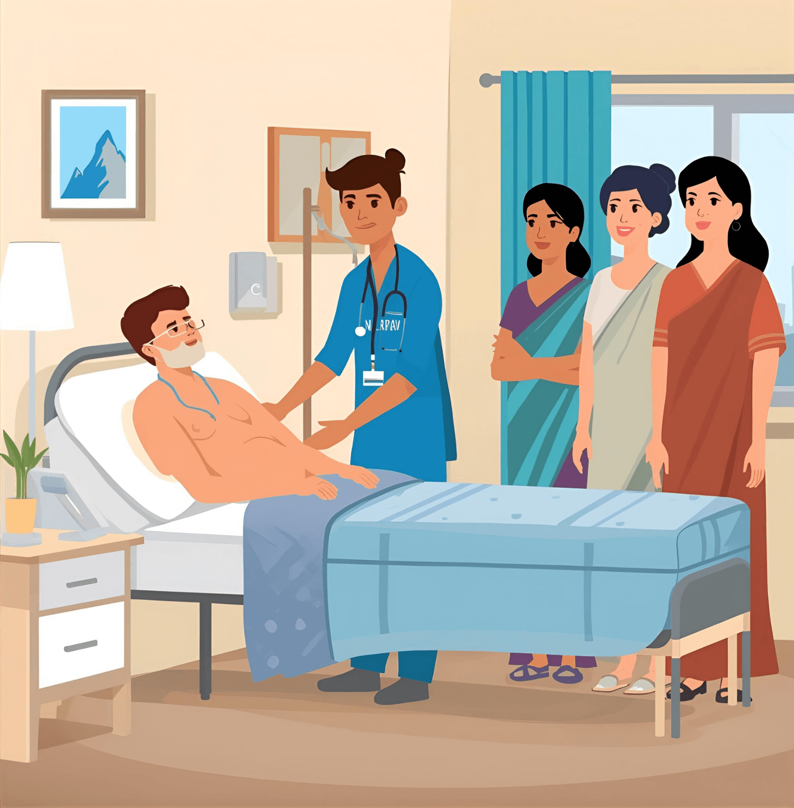 A patient receiving care at home with family nearby