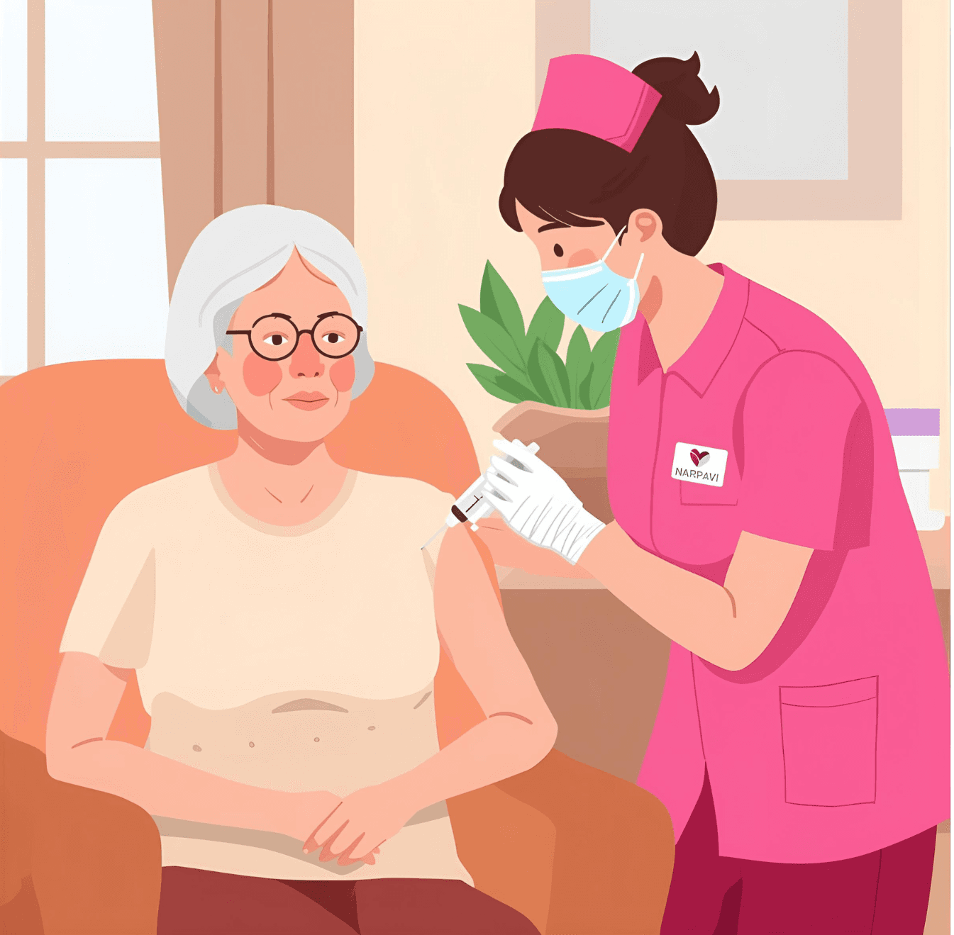 A nurse providing a health visit to an elderly patient