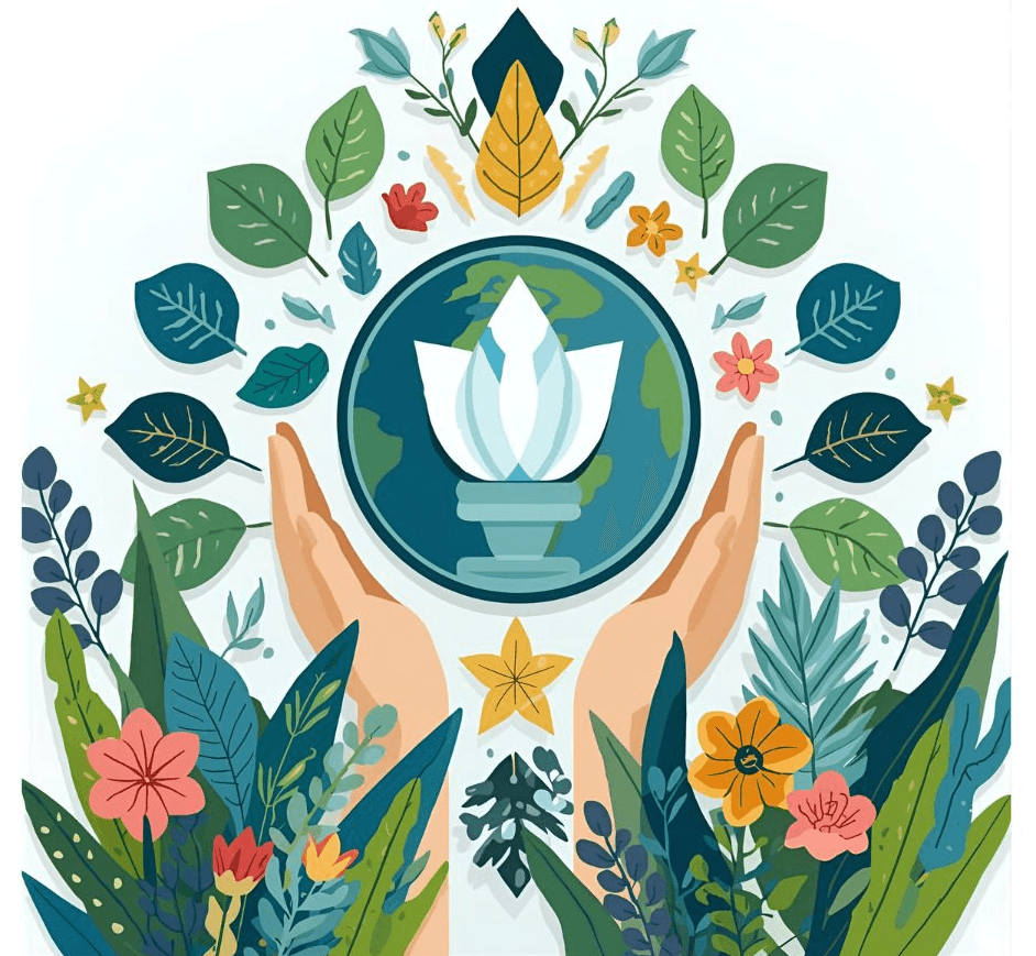 A wellness emblem surrounded by natural health symbols