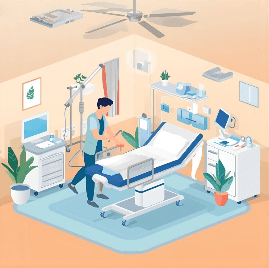 A prepared patient room representing rapid home care setup