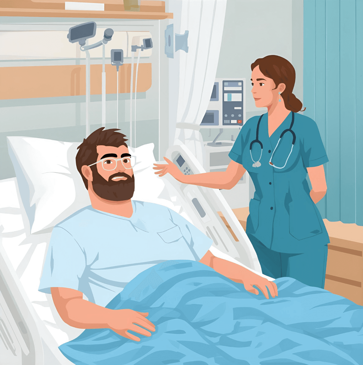 A recovering patient speaking with a nurse