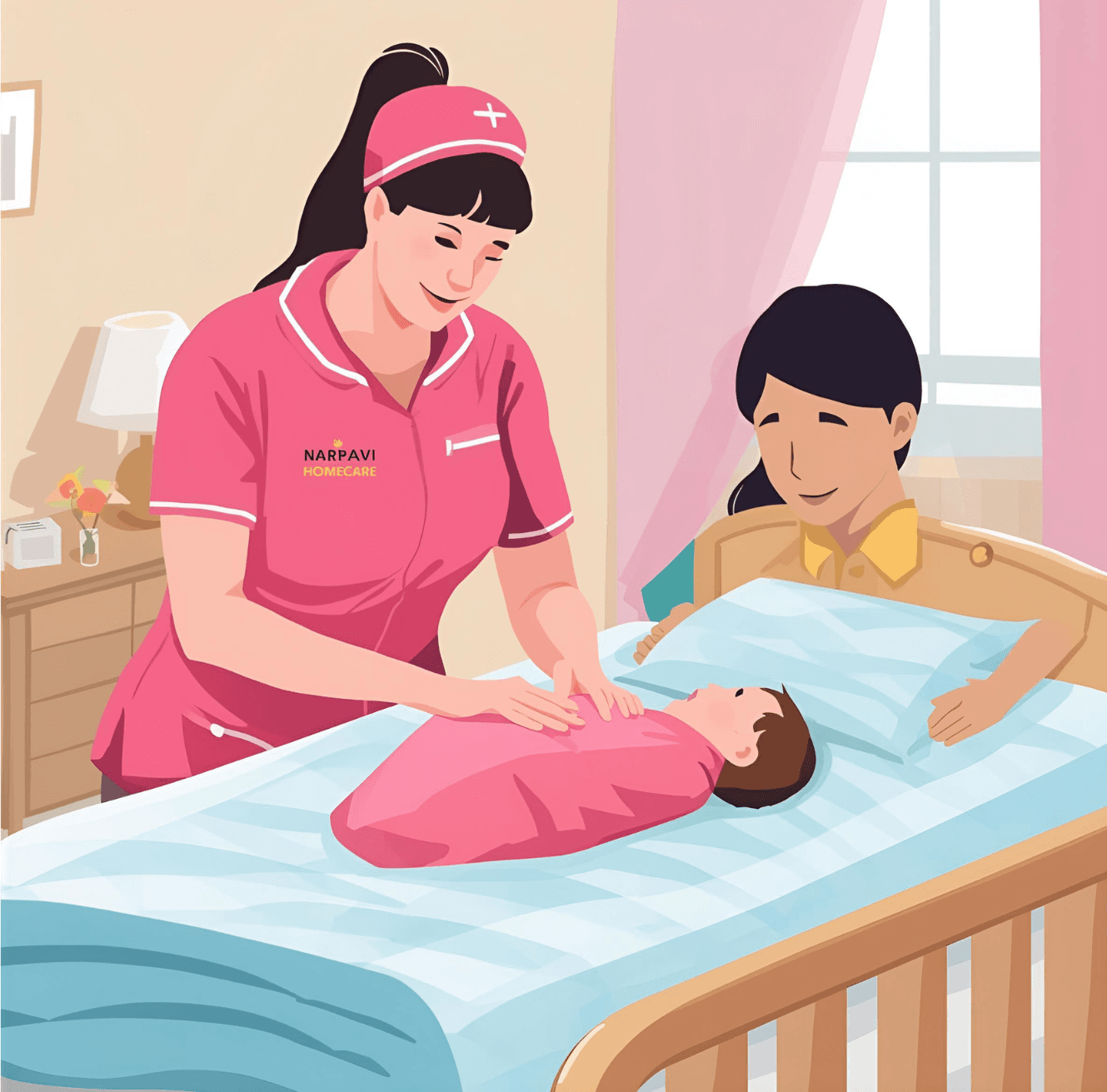 A nurse supporting a mother and newborn baby