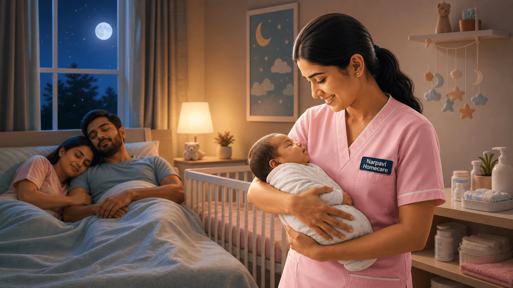 Narpavi night baby caregiver soothing a newborn at home