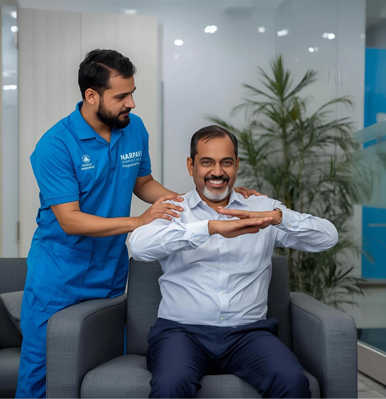 Physiotherapist guiding a patient through rehabilitation at home